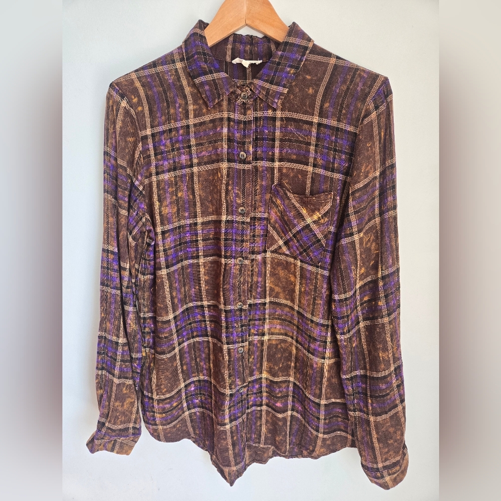 MYSTREE Brown and Purple Plaid Button-Down 💯 Rayon Shirt